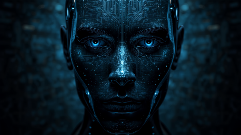 Rosto de inteligencia artificial humanoide com circuitos digitais, gerado por IA